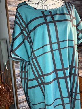 ⭐ Teal Black Grid Plaid Blouse 2XL Oversized Flowy Tunic Dolman Sleeve Top